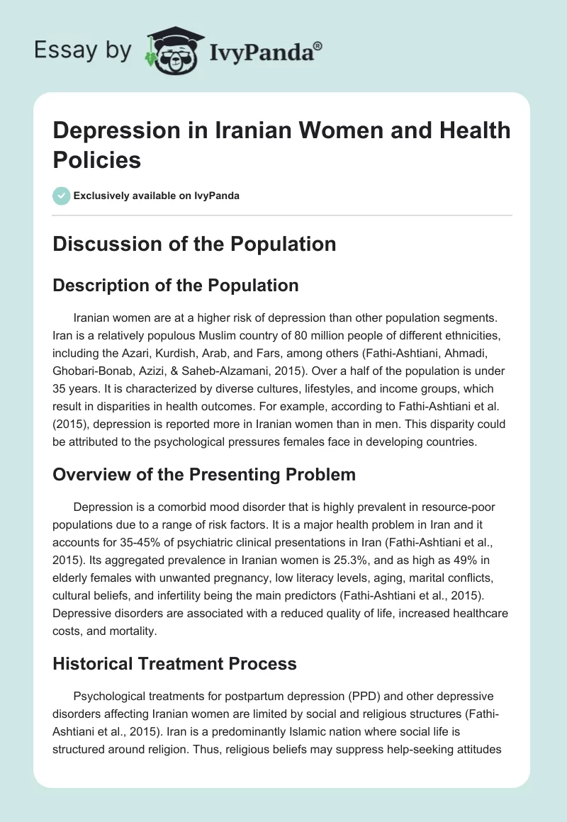 Depression in Iranian Women and Health Policies. Page 1