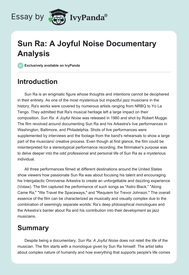 "Sun Ra: A Joyful Noise" Documentary Analysis. Page 1