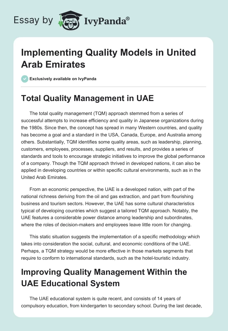 Implementing Quality Models in United Arab Emirates. Page 1