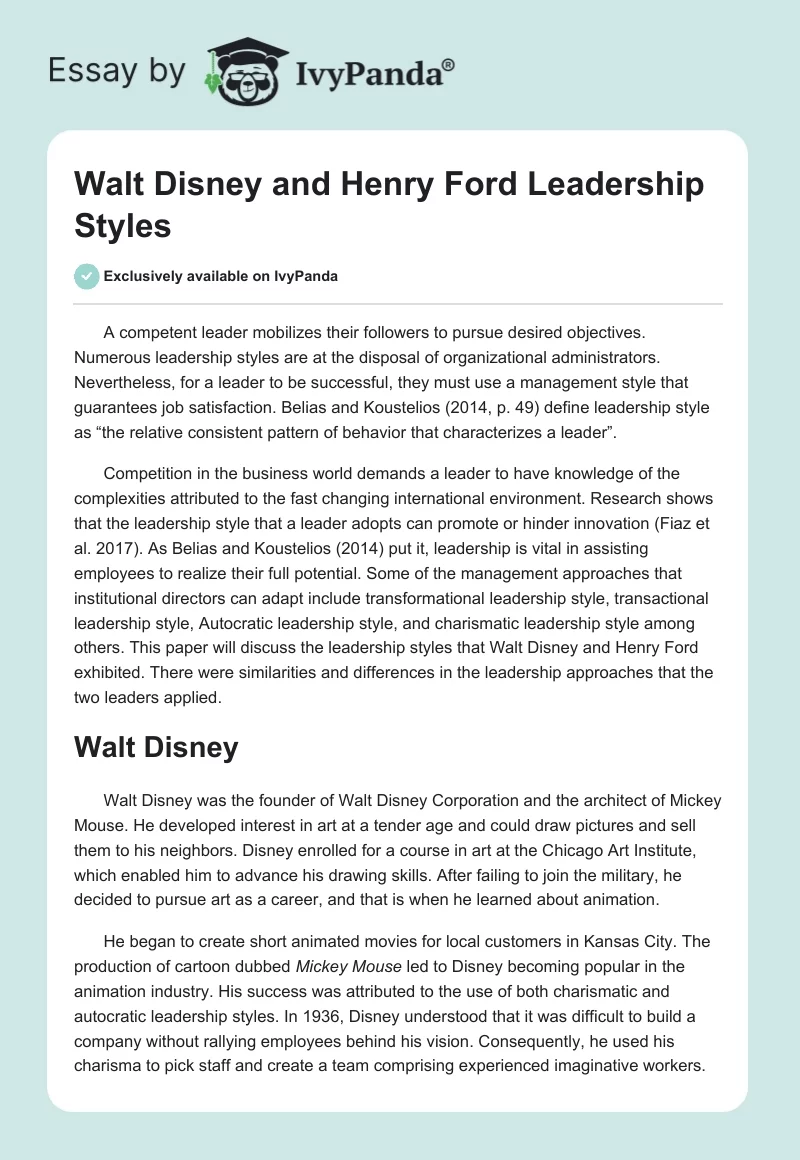Walt Disney and Henry Ford Leadership Styles. Page 1