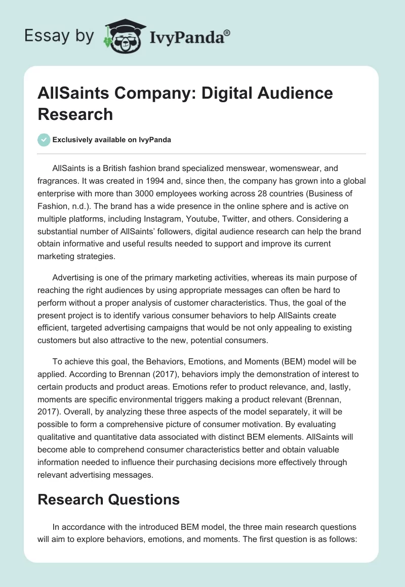 AllSaints Company: Digital Audience Research. Page 1