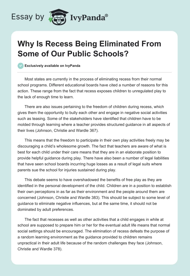 Why Is Recess Being Eliminated From Some of Our Public Schools?. Page 1