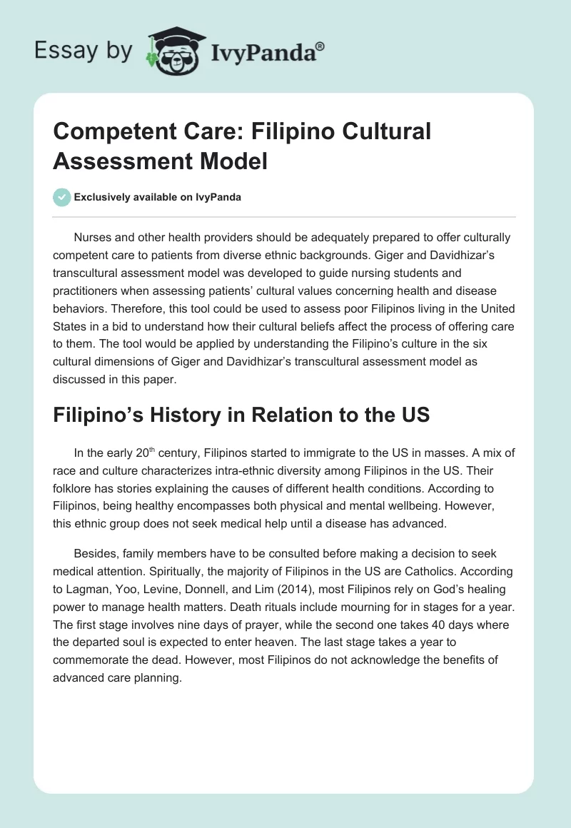 Competent Care: Filipino Cultural Assessment Model. Page 1