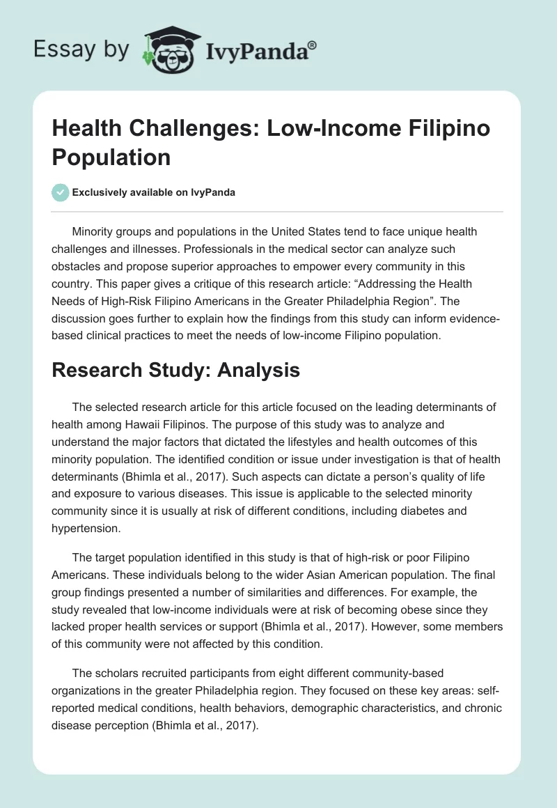 Health Challenges: Low-Income Filipino Population. Page 1