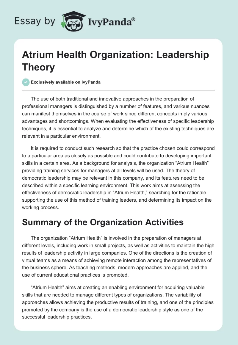 Atrium Health Organization: Leadership Theory. Page 1