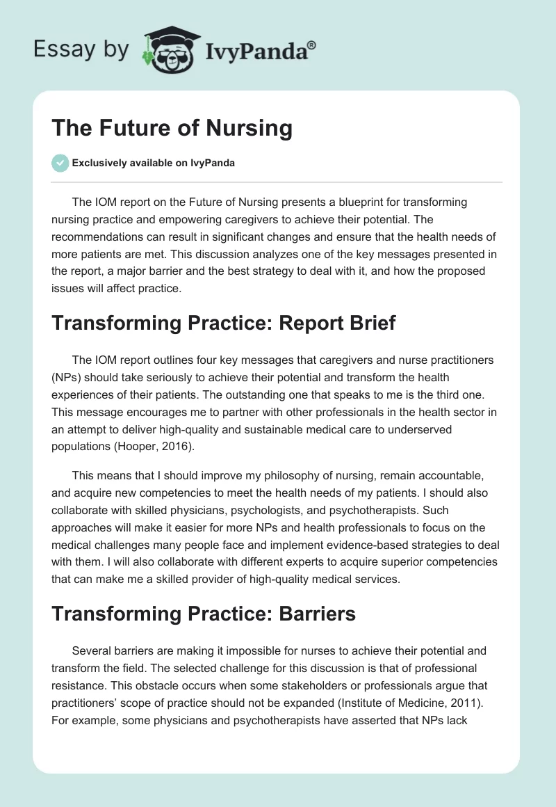 The Future of Nursing. Page 1
