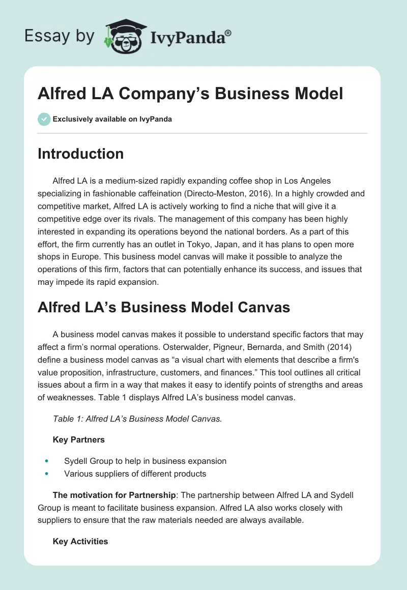 Alfred LA Company’s Business Model. Page 1