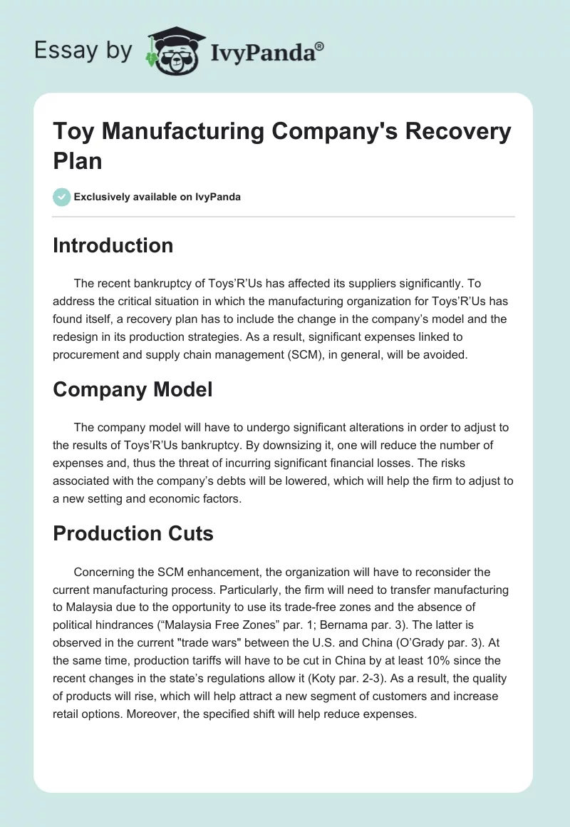 Toy Manufacturing Company's Recovery Plan. Page 1