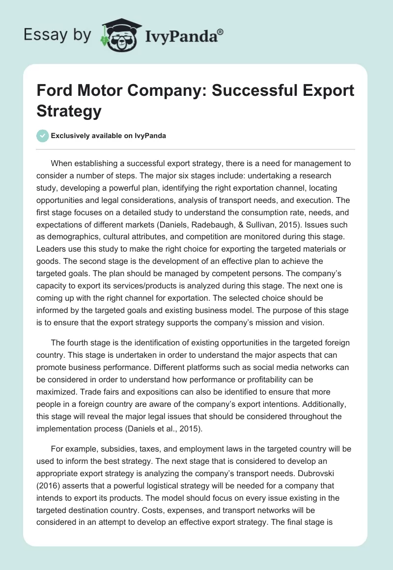 Ford Motor Company: Successful Export Strategy. Page 1