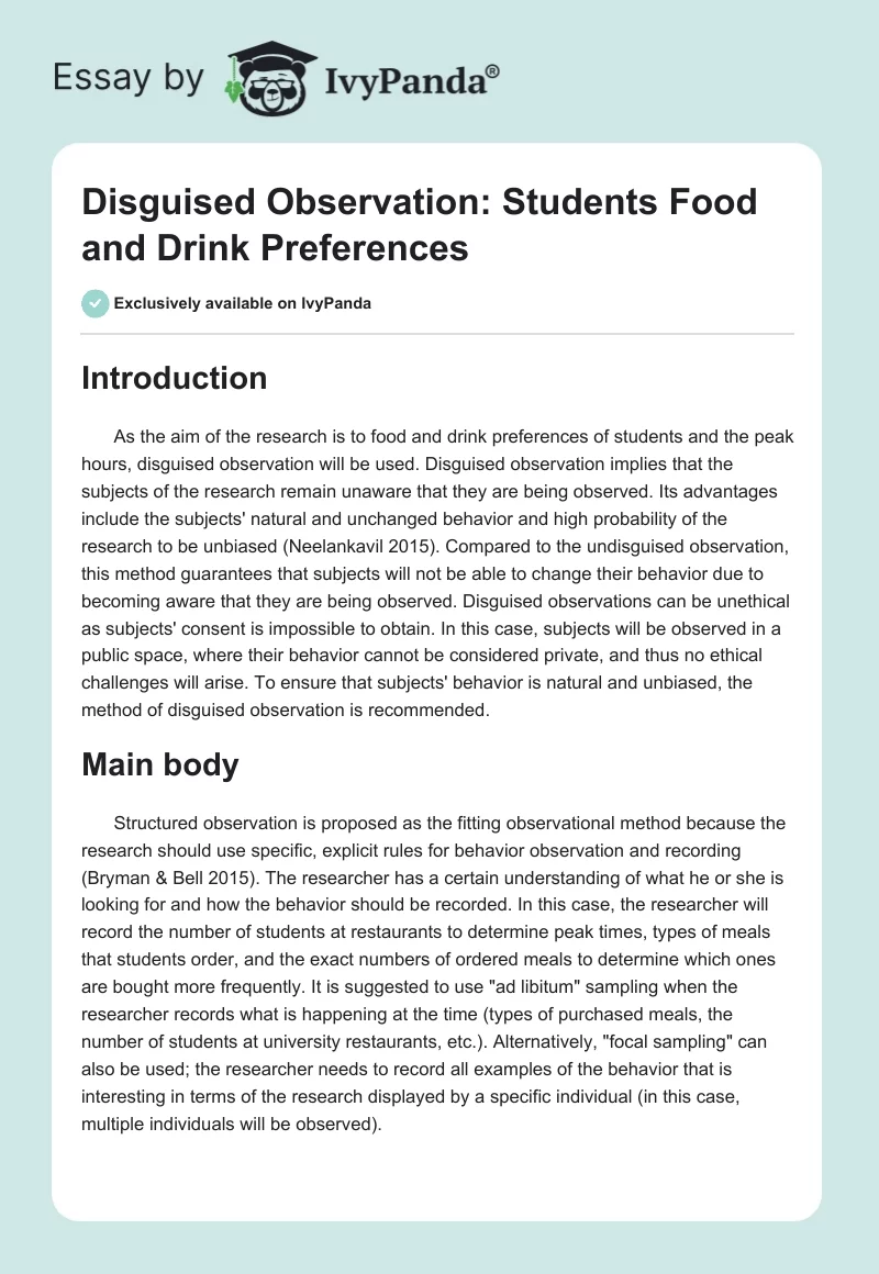 Disguised Observation: Students Food and Drink Preferences. Page 1