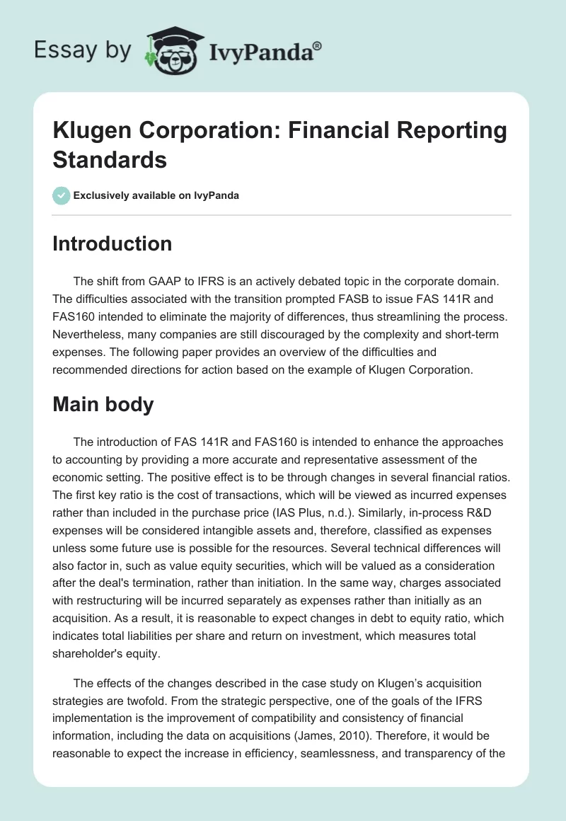 Klugen Corporation: Financial Reporting Standards. Page 1