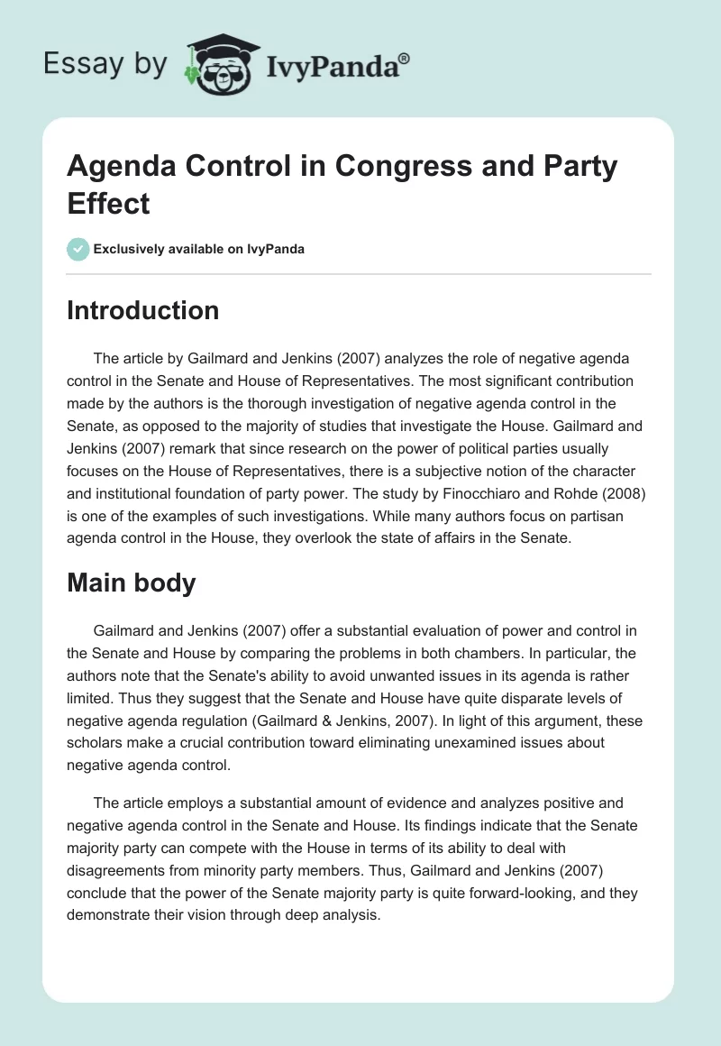 Agenda Control in Congress and Party Effect. Page 1