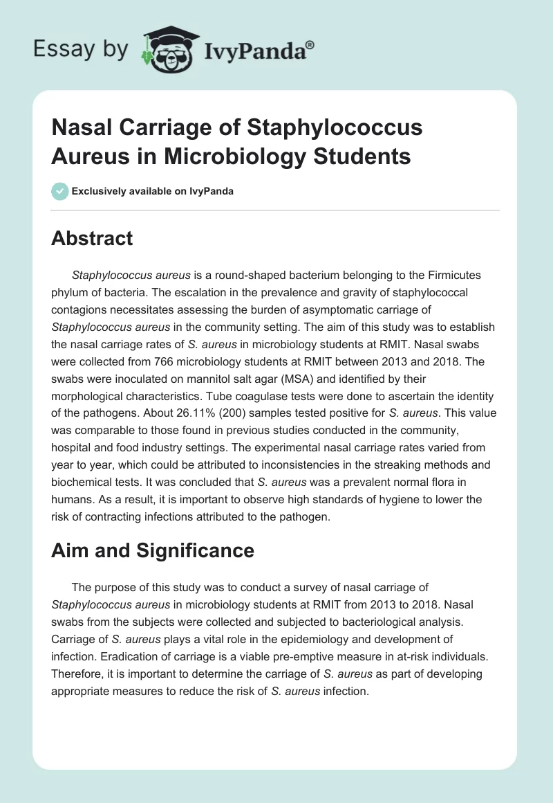 Nasal Carriage of Staphylococcus Aureus in Microbiology Students. Page 1