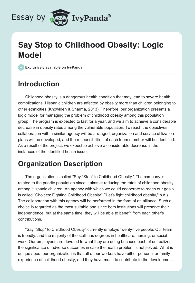 Say "Stop" to Childhood Obesity: Logic Model. Page 1
