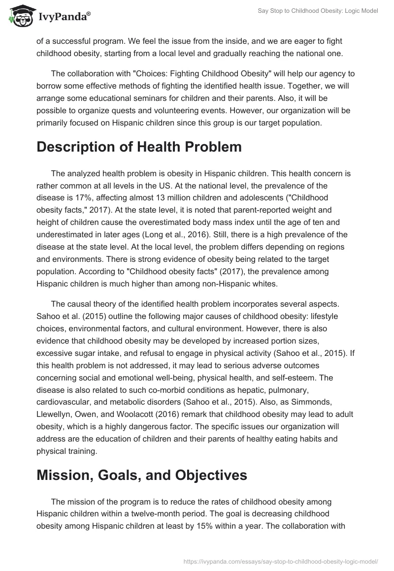 Say "Stop" to Childhood Obesity: Logic Model. Page 2