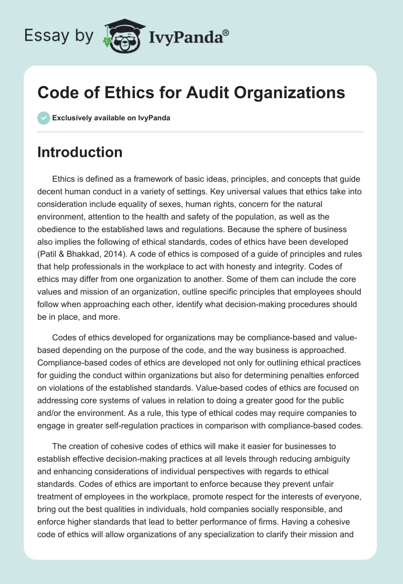 Code of Ethics for Audit Organizations. Page 1
