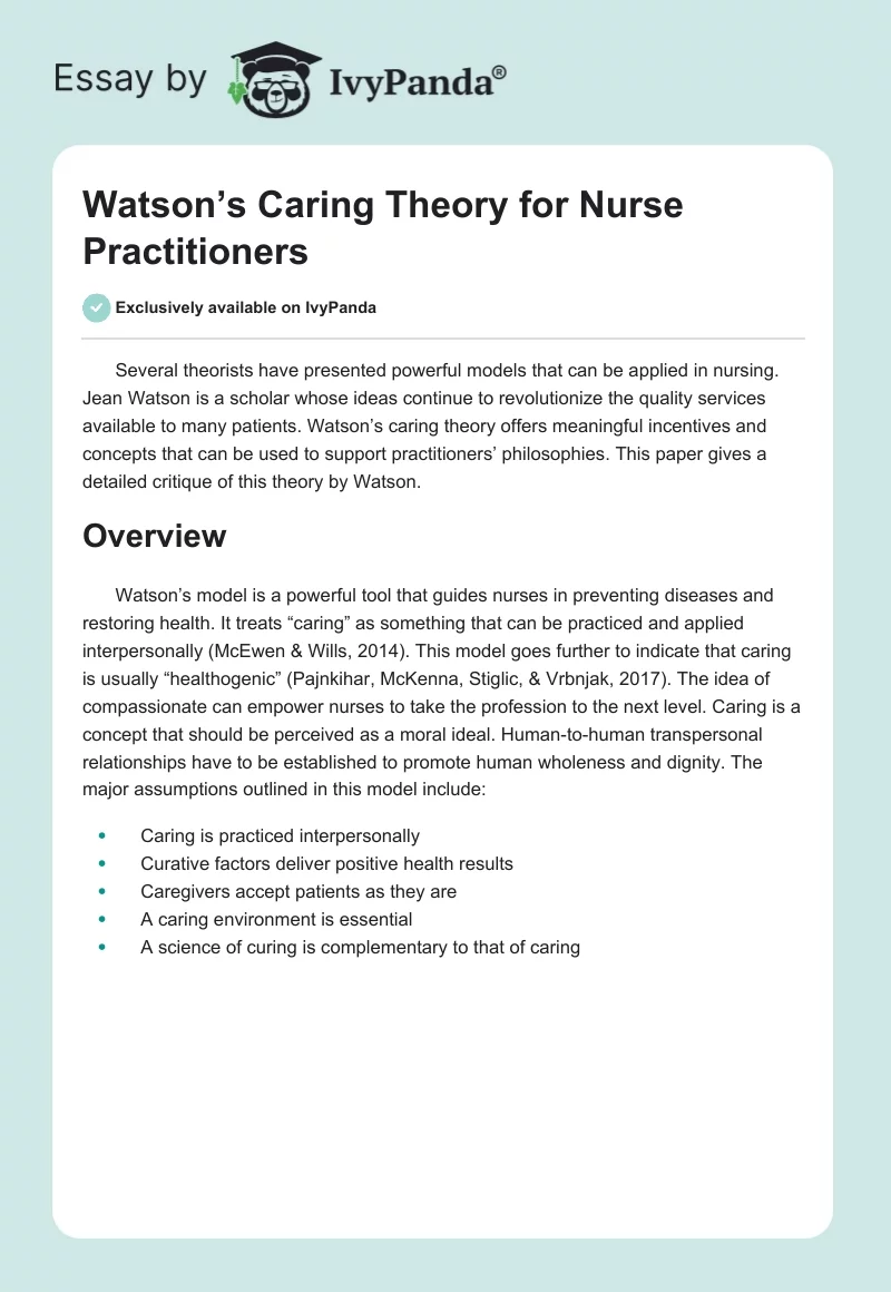 Watson’s Caring Theory for Nurse Practitioners. Page 1