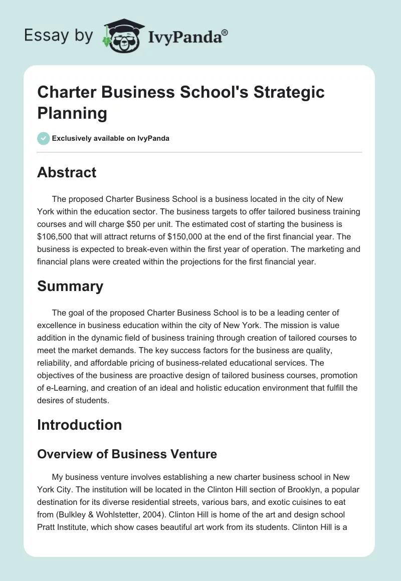 Charter Business School's Strategic Planning. Page 1