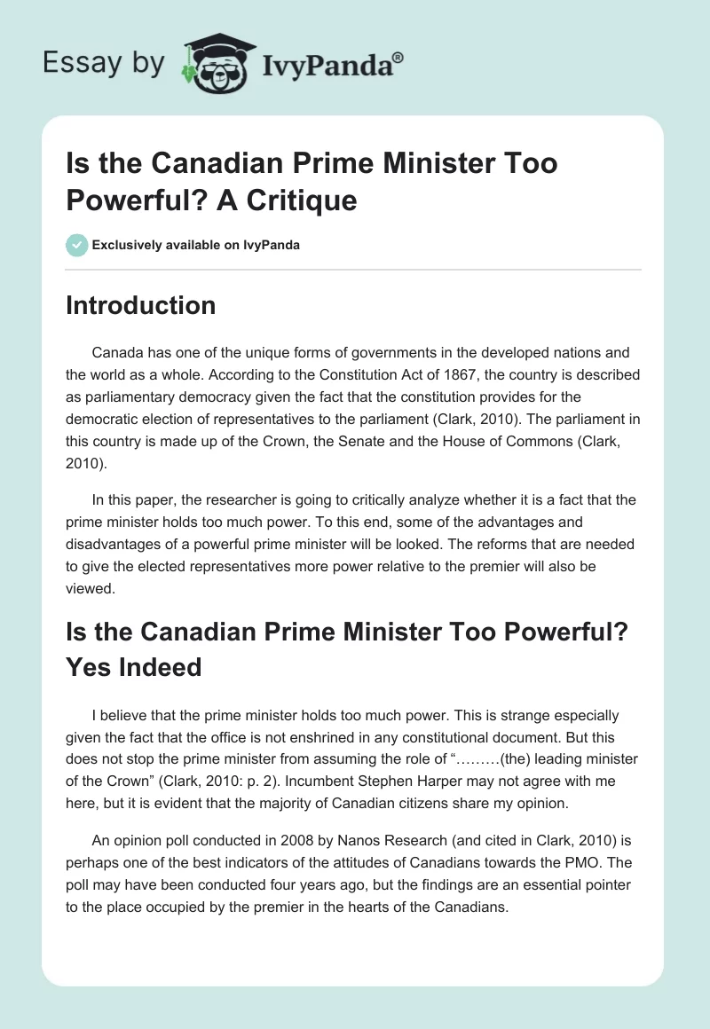 Is the Canadian Prime Minister Too Powerful? A Critique. Page 1