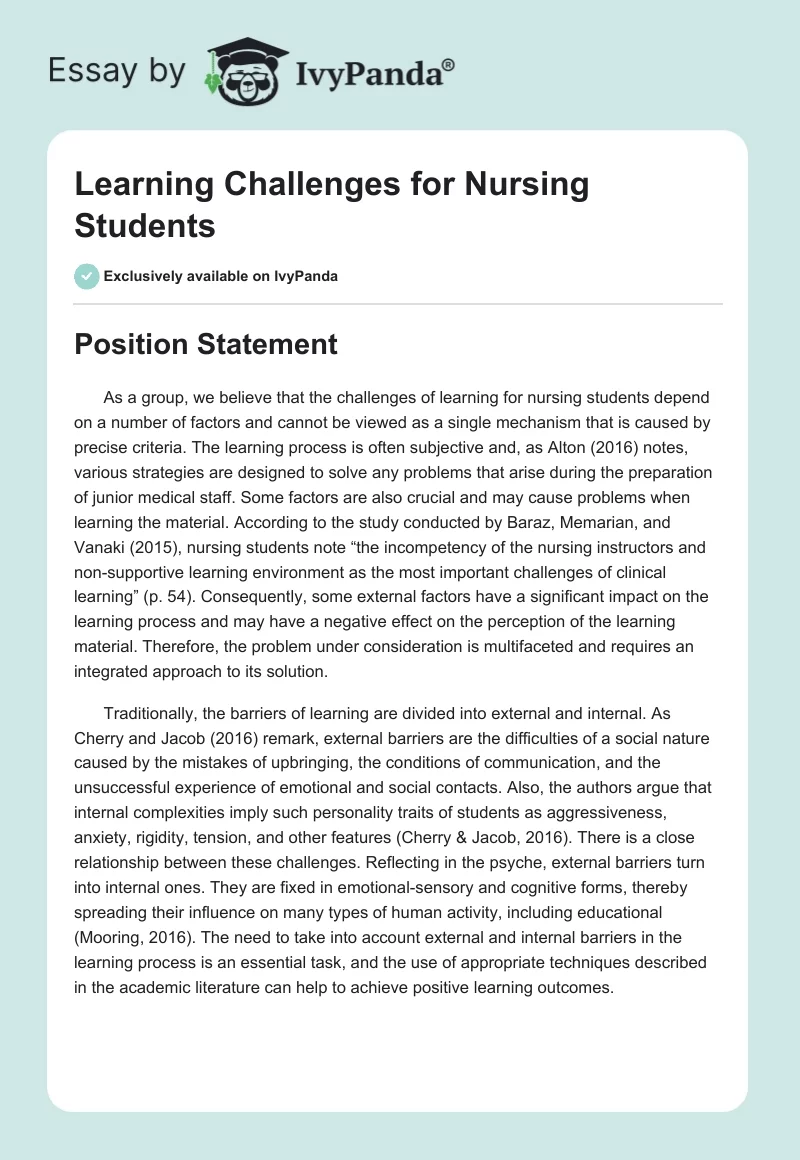 Learning Challenges for Nursing Students. Page 1