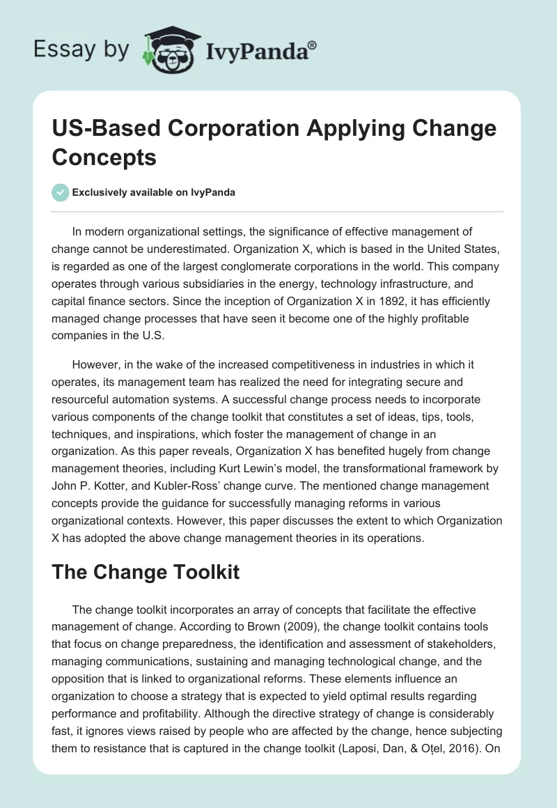 US-Based Corporation Applying Change Concepts. Page 1