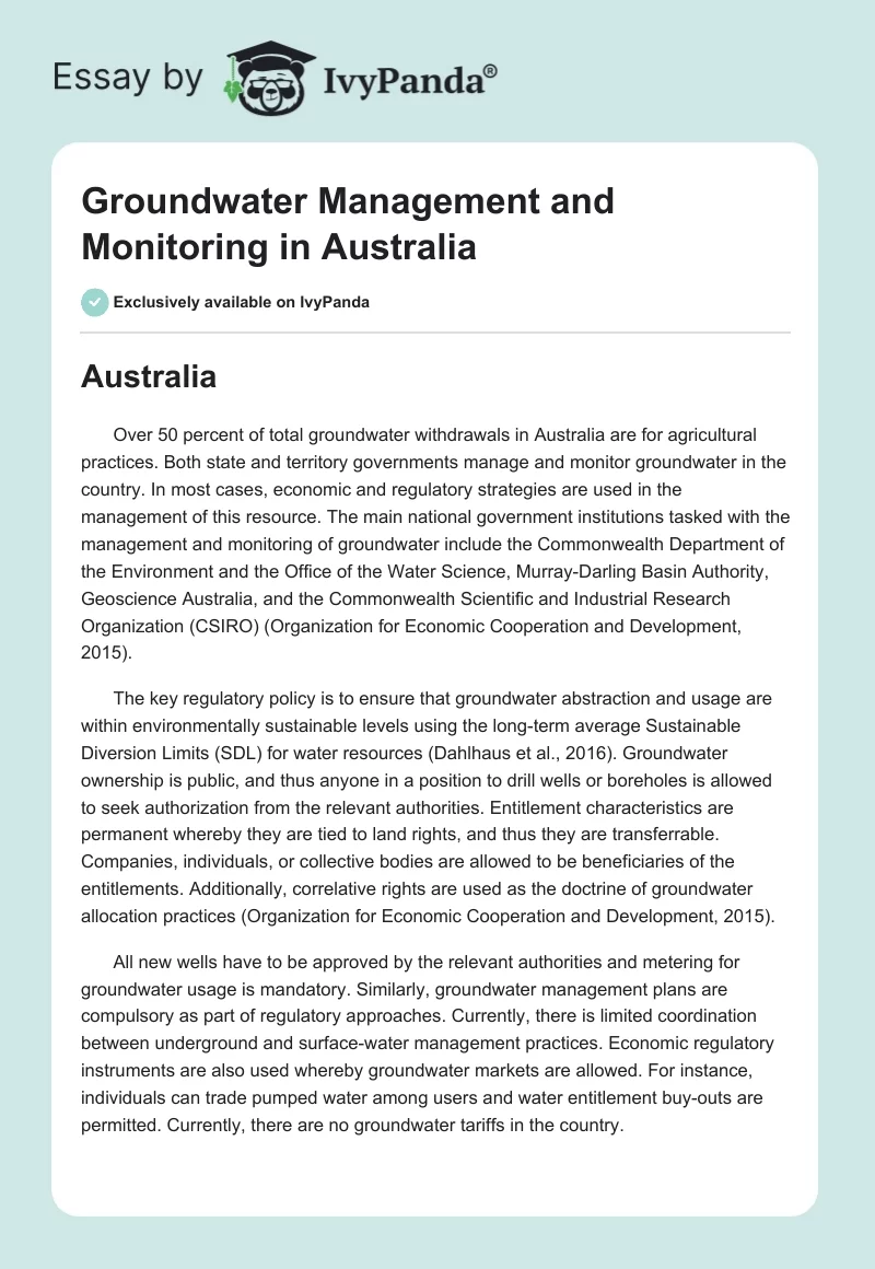 Groundwater Management and Monitoring in Australia. Page 1