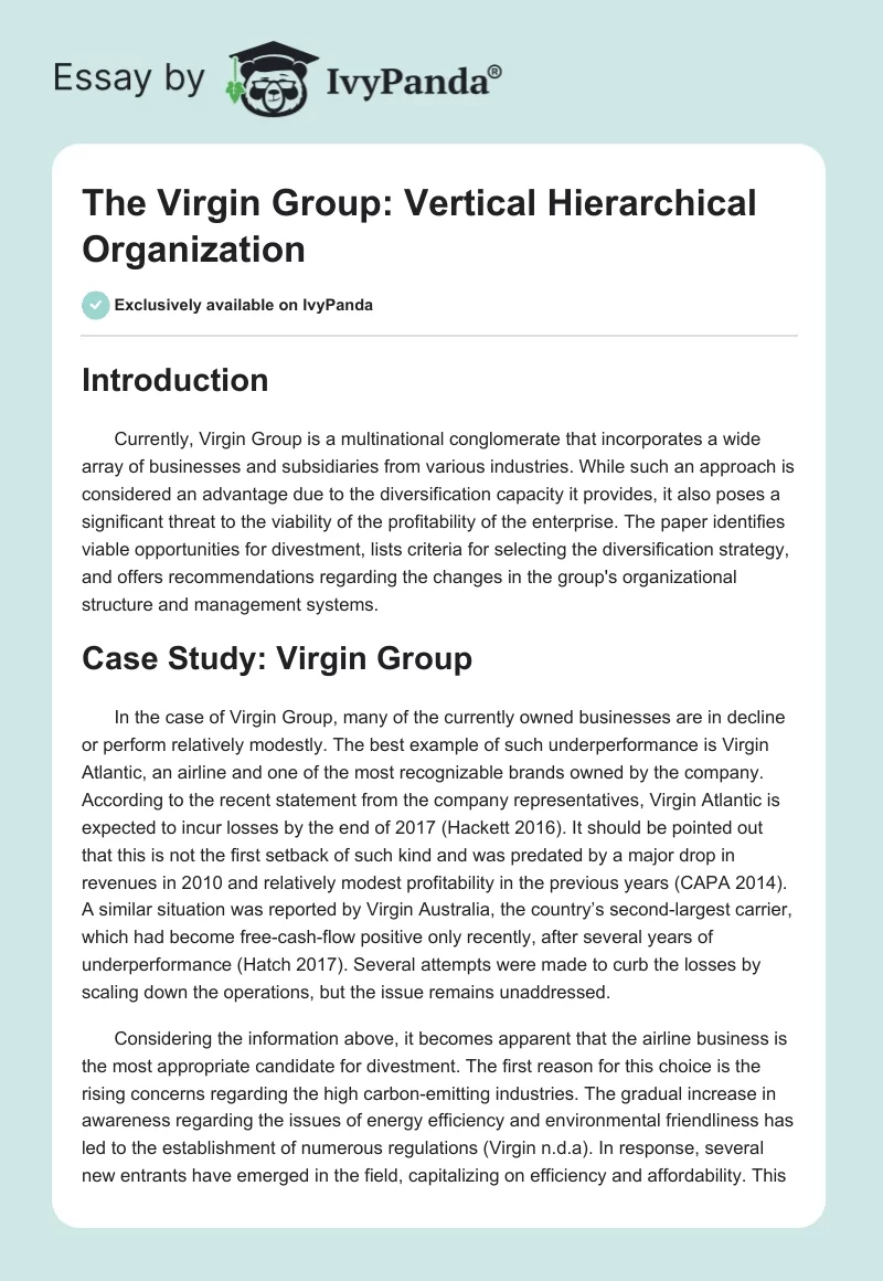 The Virgin Group: Vertical Hierarchical Organization. Page 1