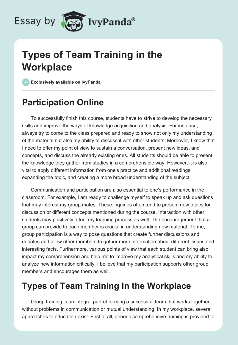 Types of Team Training in the Workplace. Page 1
