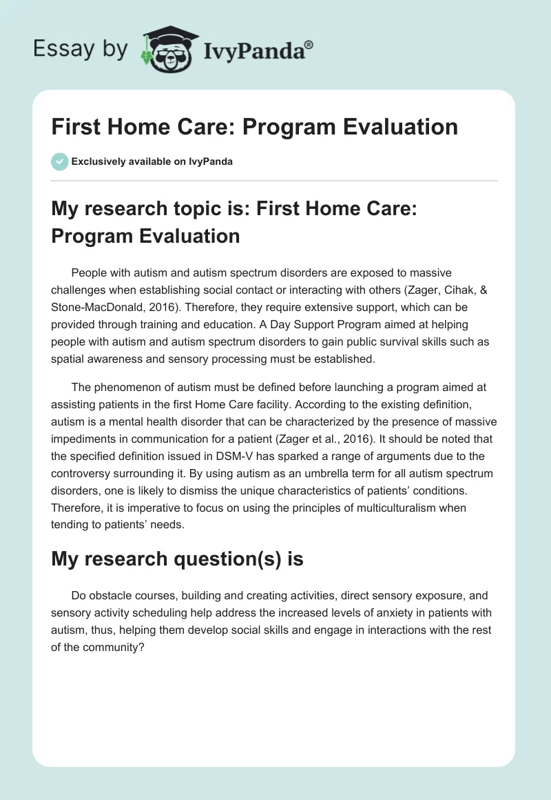 First Home Care: Program Evaluation. Page 1