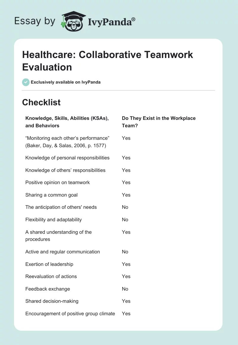 Healthcare: Collaborative Teamwork Evaluation. Page 1