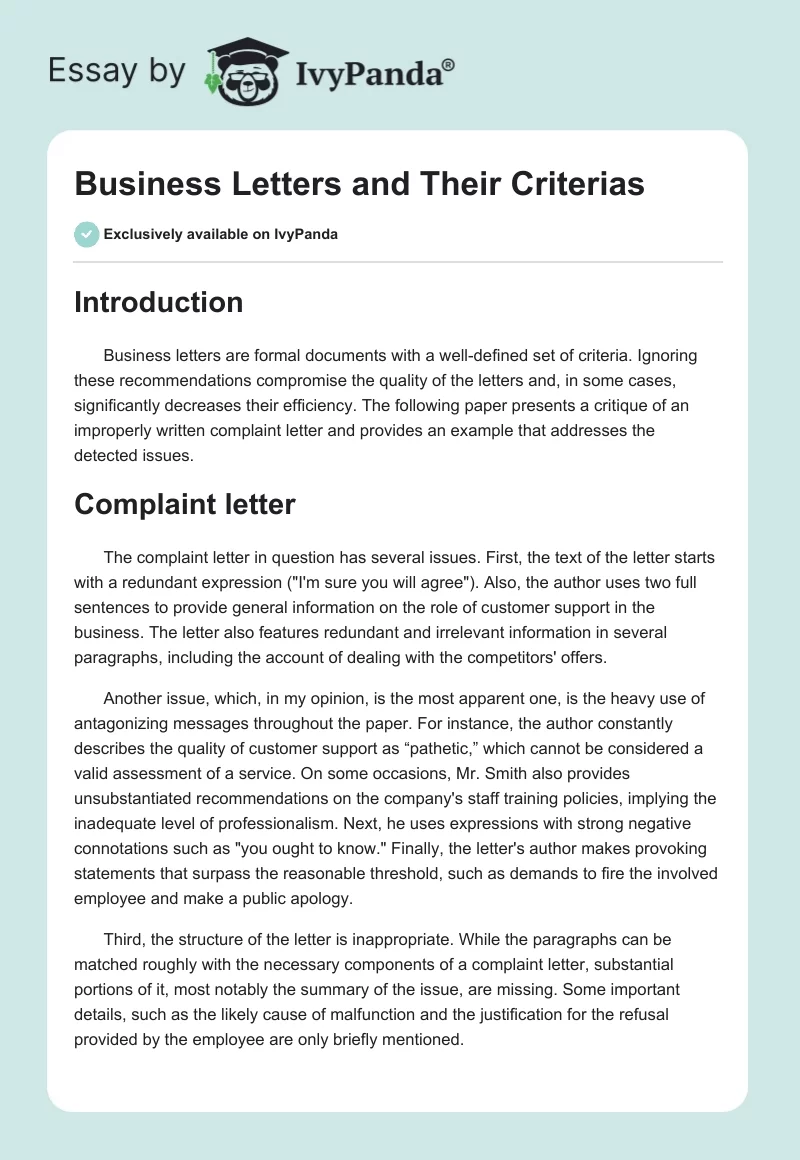 Business Letters and Their Criterias. Page 1