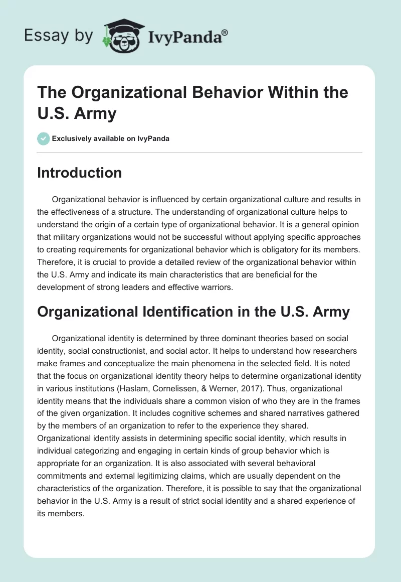 The Organizational Behavior Within the U.S. Army. Page 1