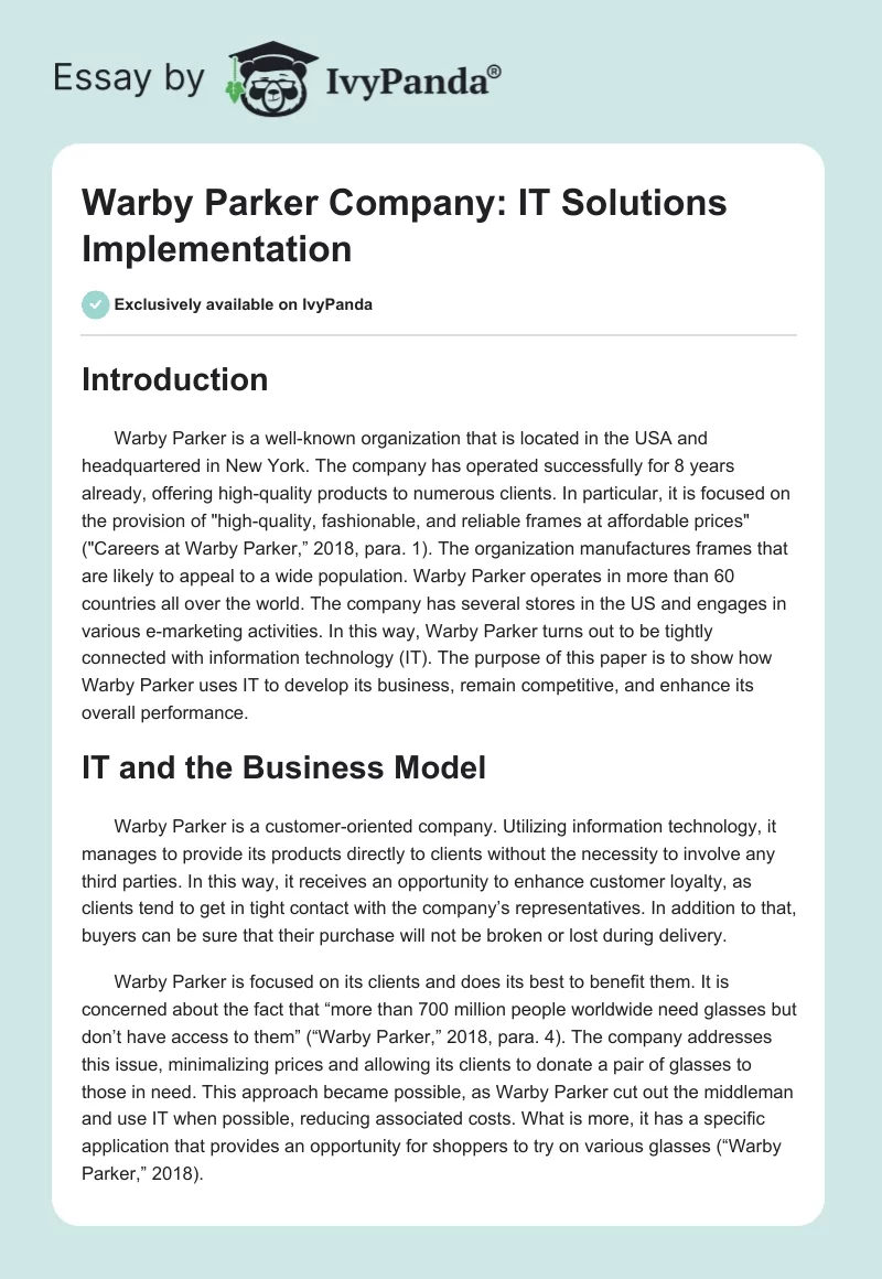 Warby Parker Company: IT Solutions Implementation. Page 1