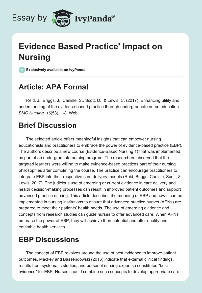 Evidence Based Practice' Impact on Nursing. Page 1