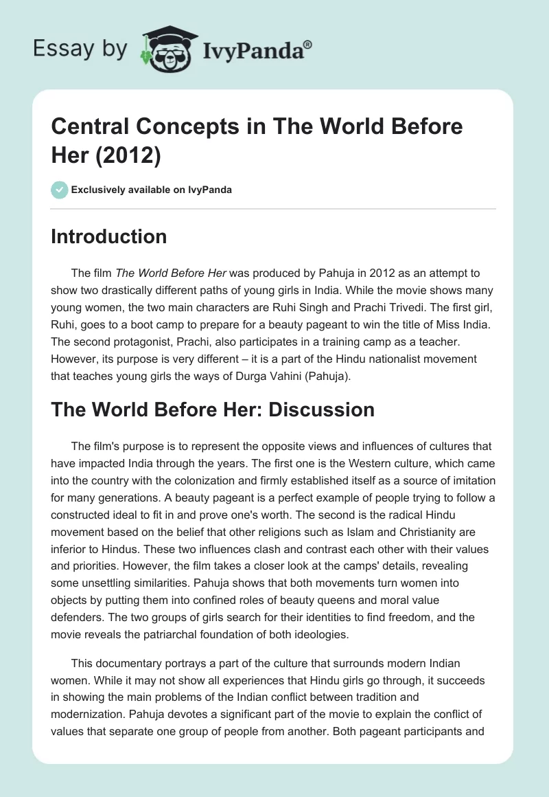 Central Concepts in "The World Before Her" (2012). Page 1