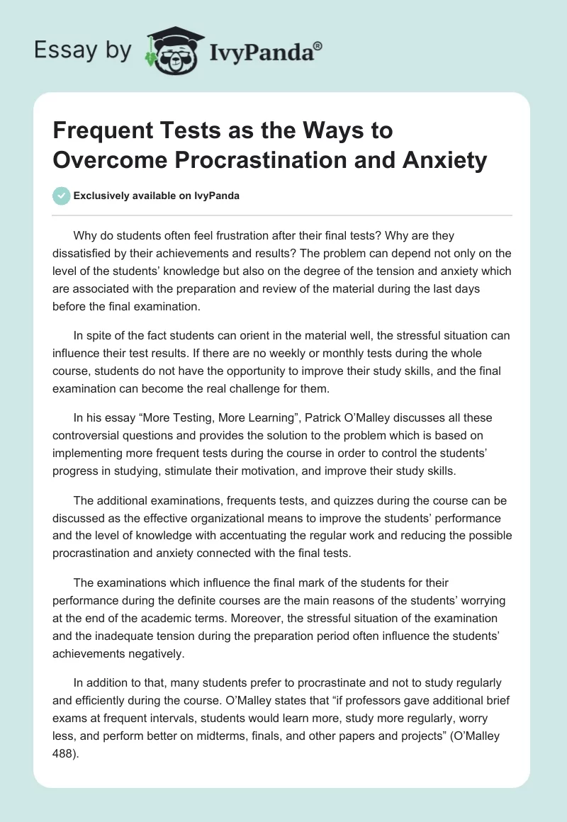 Frequent Tests as the Ways to Overcome Procrastination and Anxiety. Page 1
