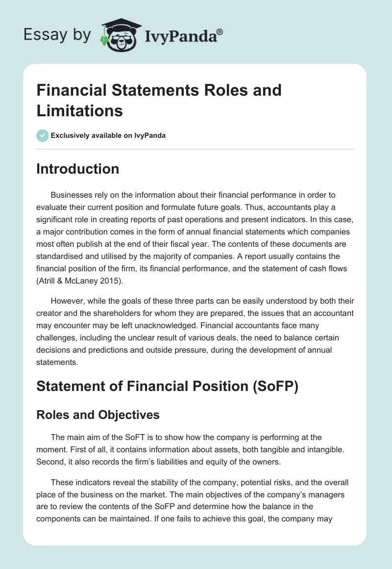 Financial Statements Roles and Limitations. Page 1