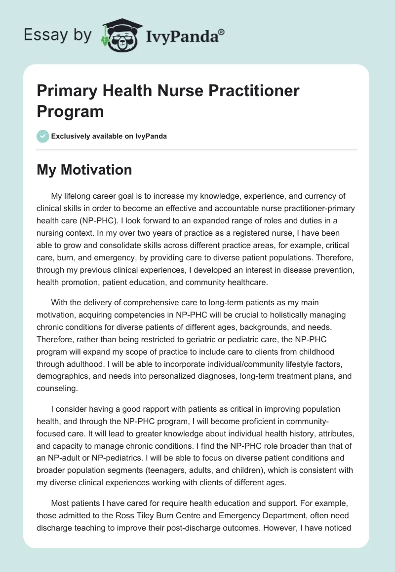 Primary Health Nurse Practitioner Program. Page 1