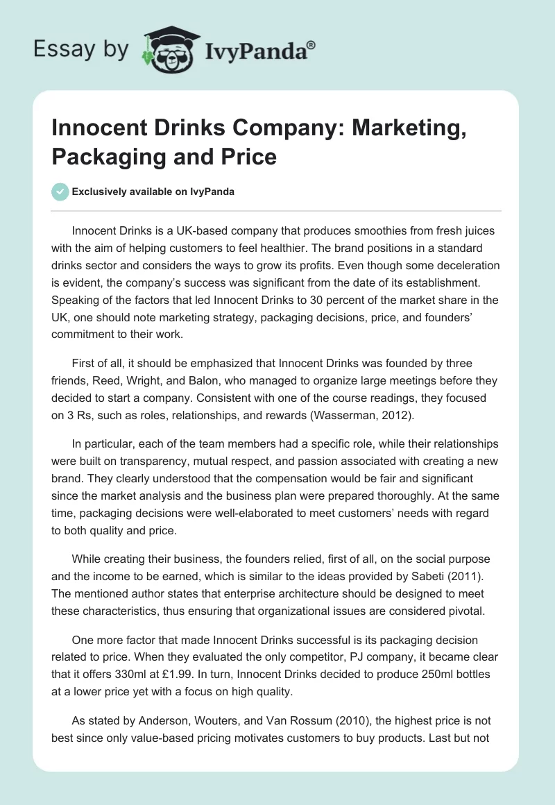 Innocent Drinks Company: Marketing, Packaging and Price. Page 1