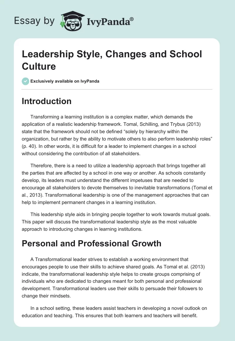 Leadership Style, Changes and School Culture. Page 1