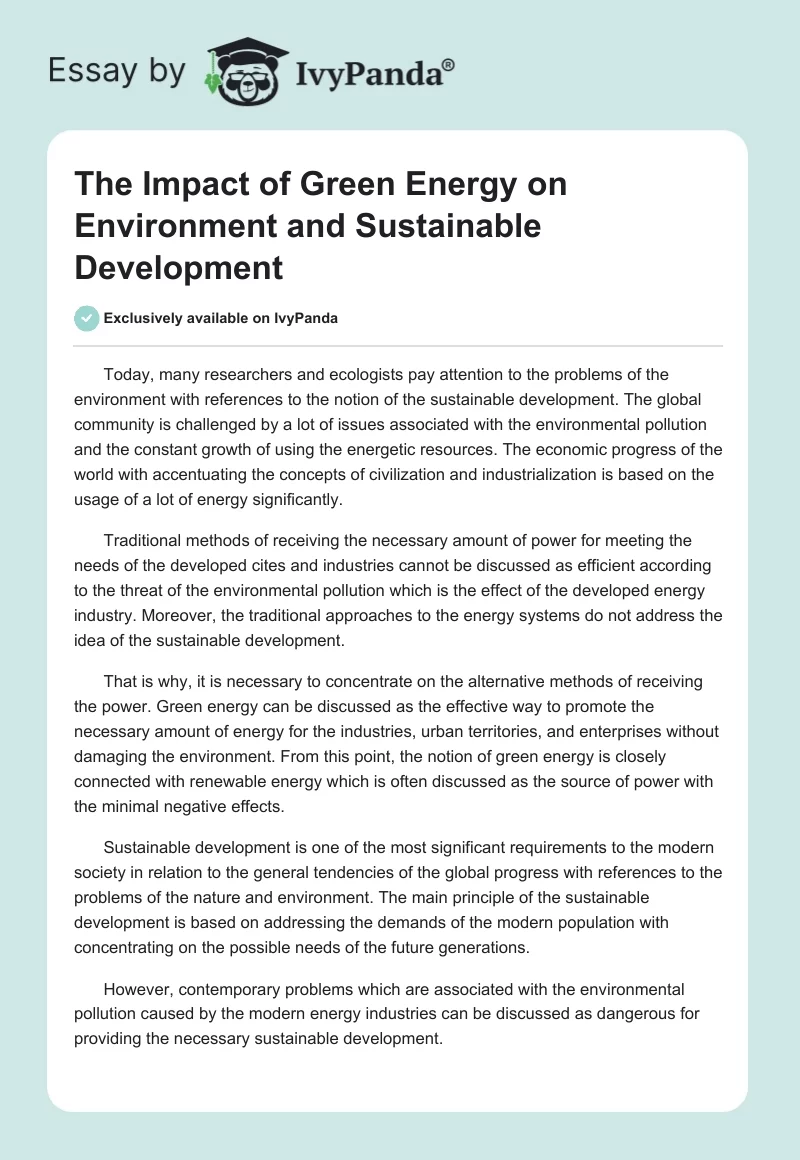 The Impact of Green Energy on Environment and Sustainable Development. Page 1