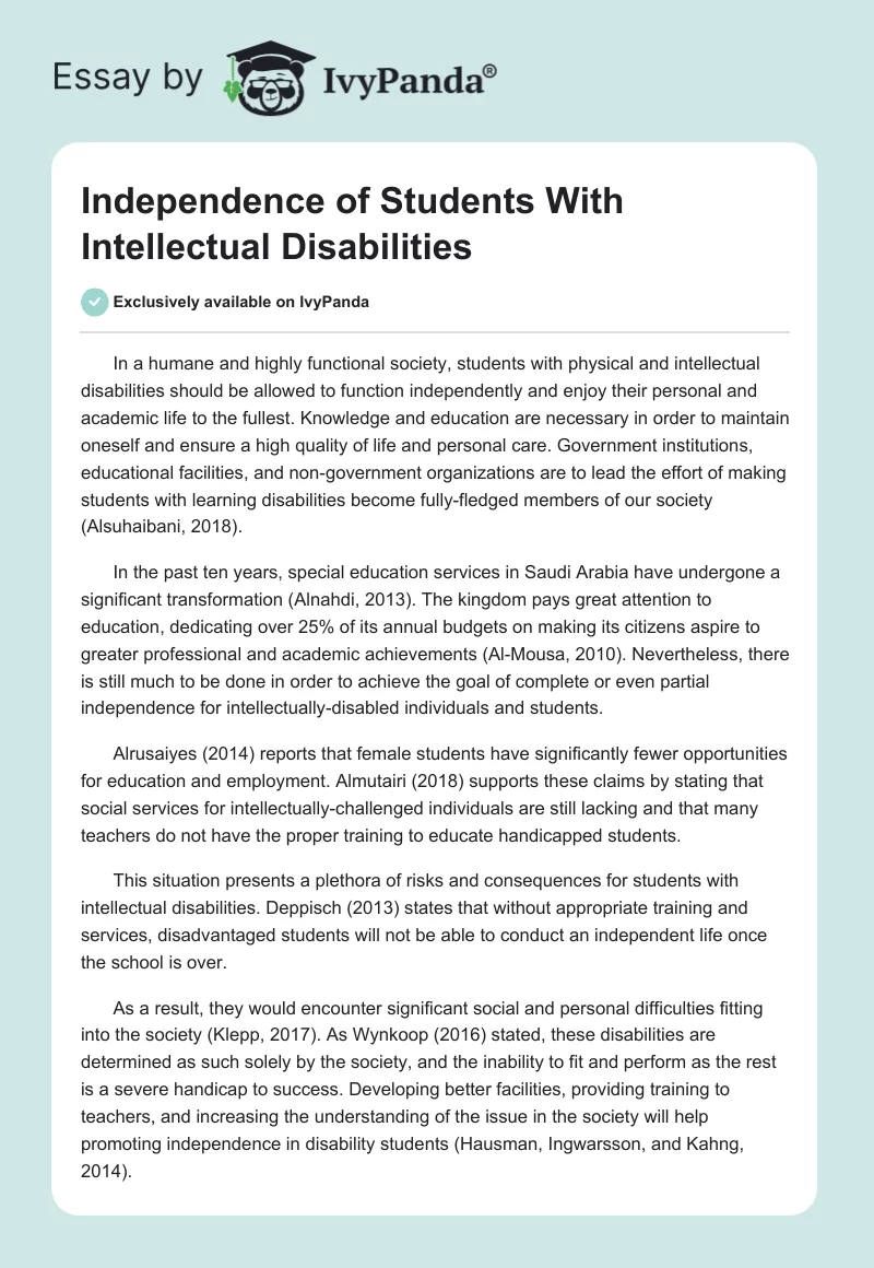 Independence of Students With Intellectual Disabilities. Page 1