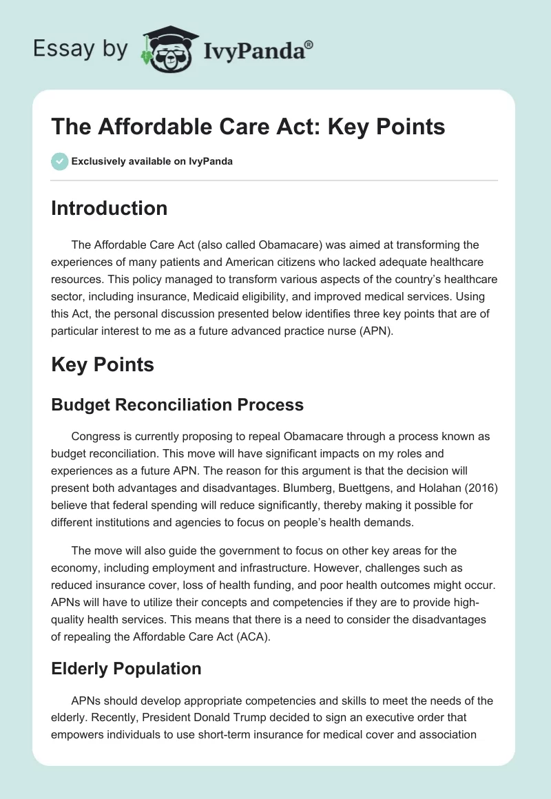 The Affordable Care Act: Key Points. Page 1