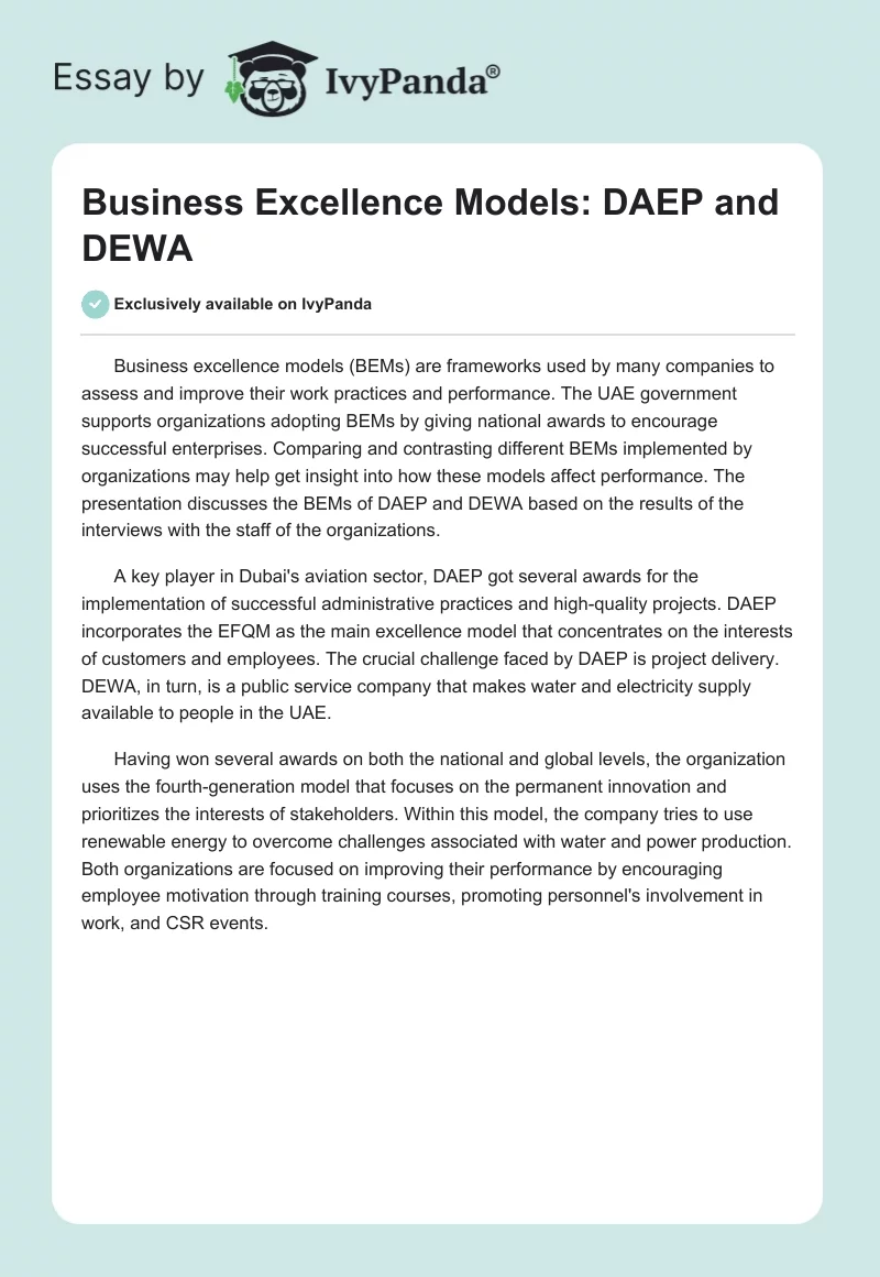 Business Excellence Models: DAEP and DEWA. Page 1