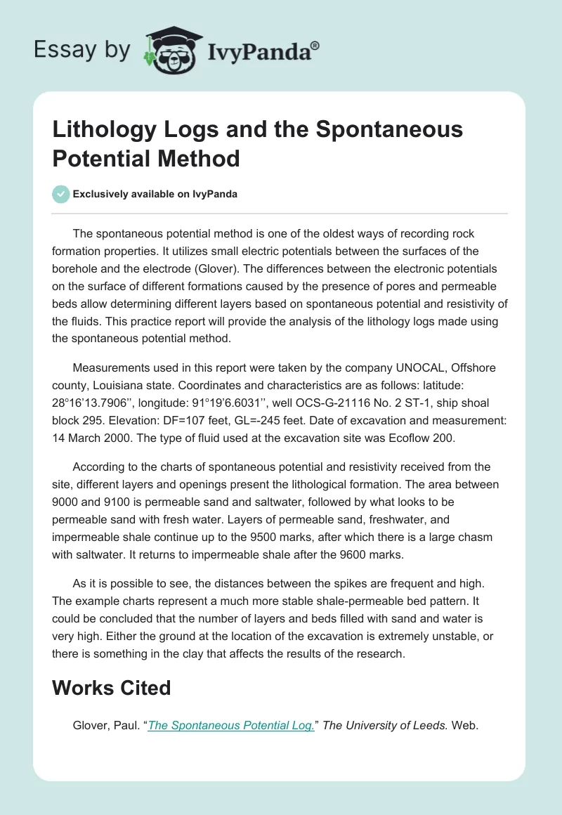 Lithology Logs and the Spontaneous Potential Method. Page 1