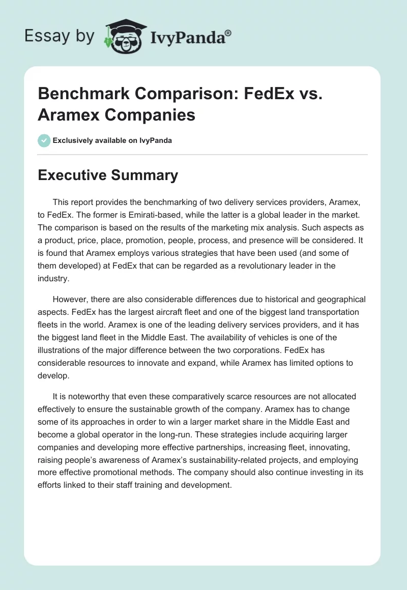 Benchmark Comparison: FedEx vs. Aramex Companies. Page 1