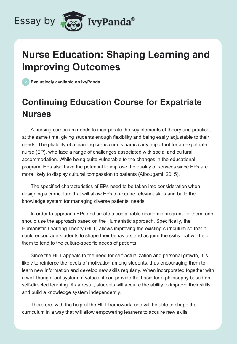 Nurse Education: Shaping Learning and Improving Outcomes. Page 1