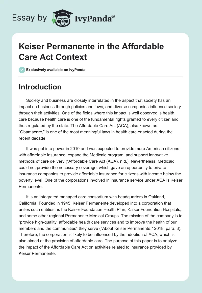 Keiser Permanente in the Affordable Care Act Context. Page 1