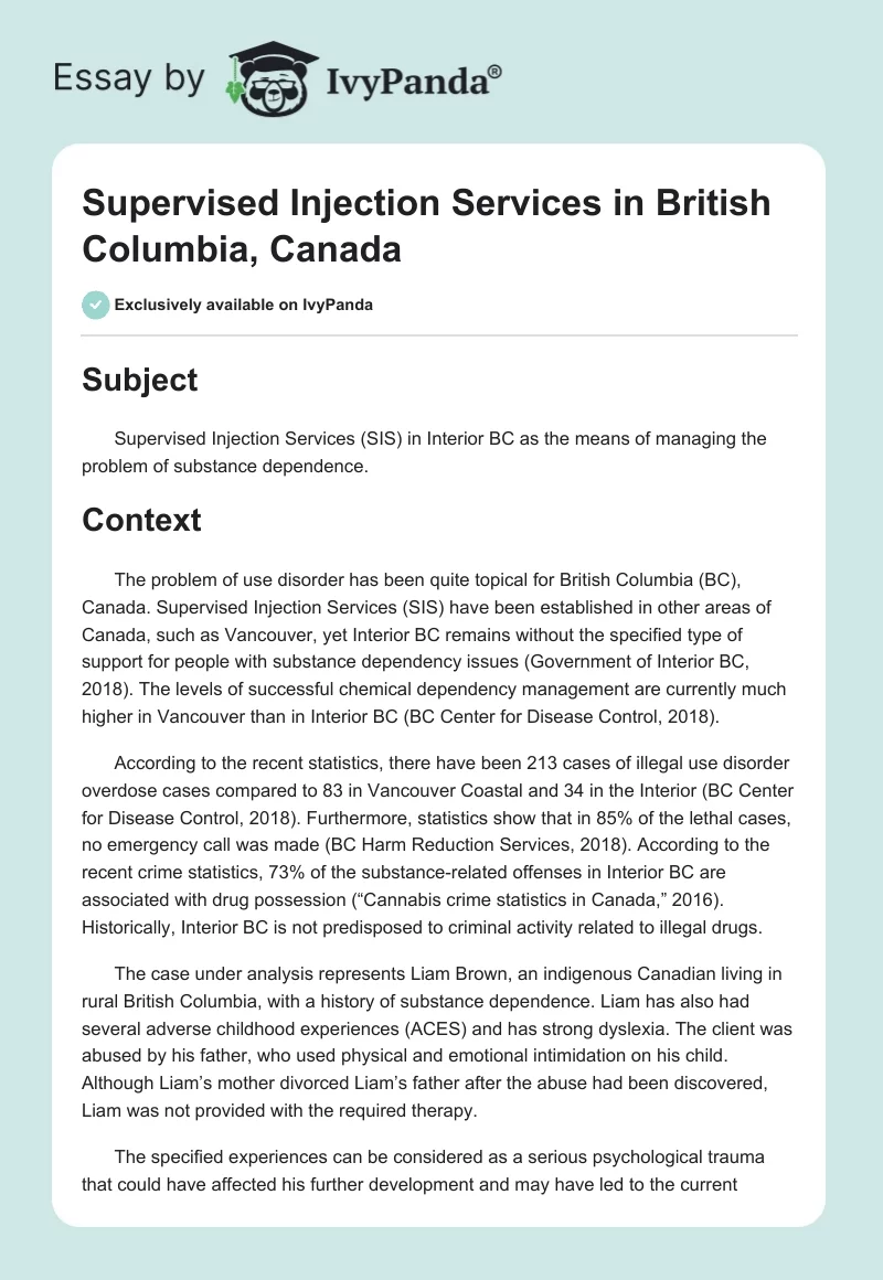 Supervised Injection Services in British Columbia, Canada. Page 1