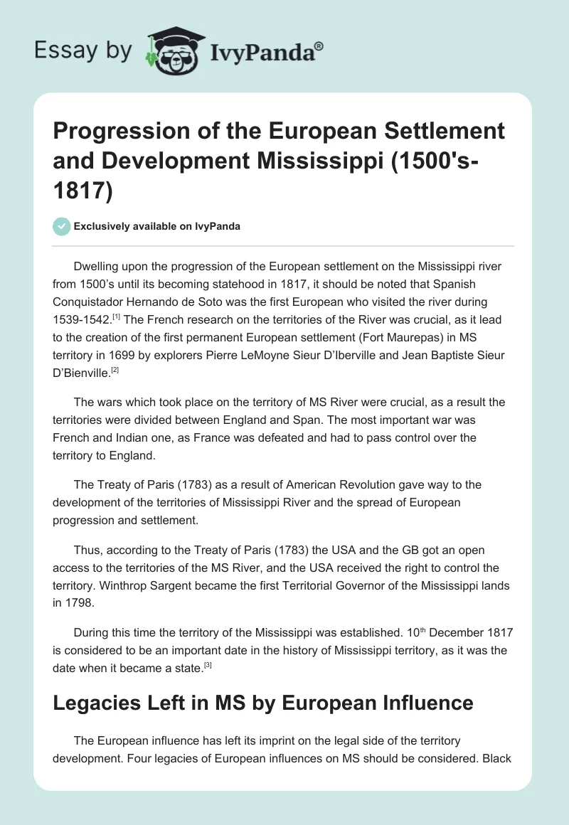 Progression of the European Settlement and Development Mississippi (1500's-1817). Page 1
